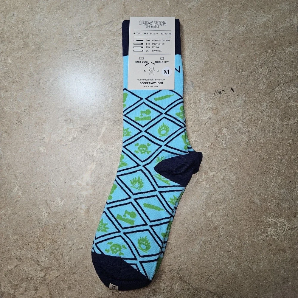 Sock Fancy Crew Socks Men M/L Blue Green Geo Diamond Skull Pattern Novelty Funny